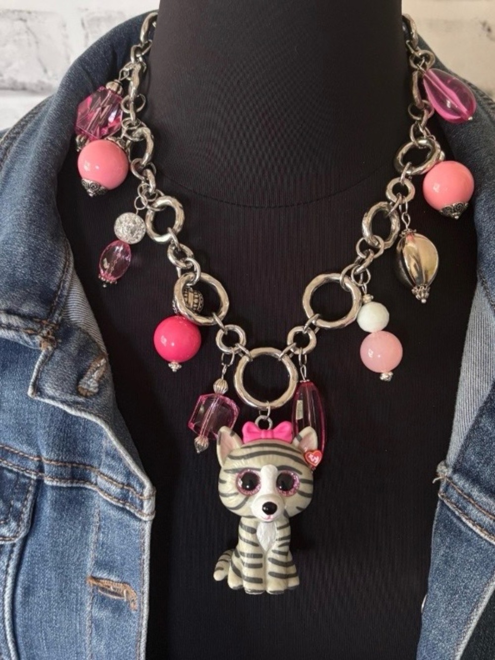 Handmade, Upcycled Ty Mini Boo Kiki the Tabby Cat Pink Beaded Statement Necklace